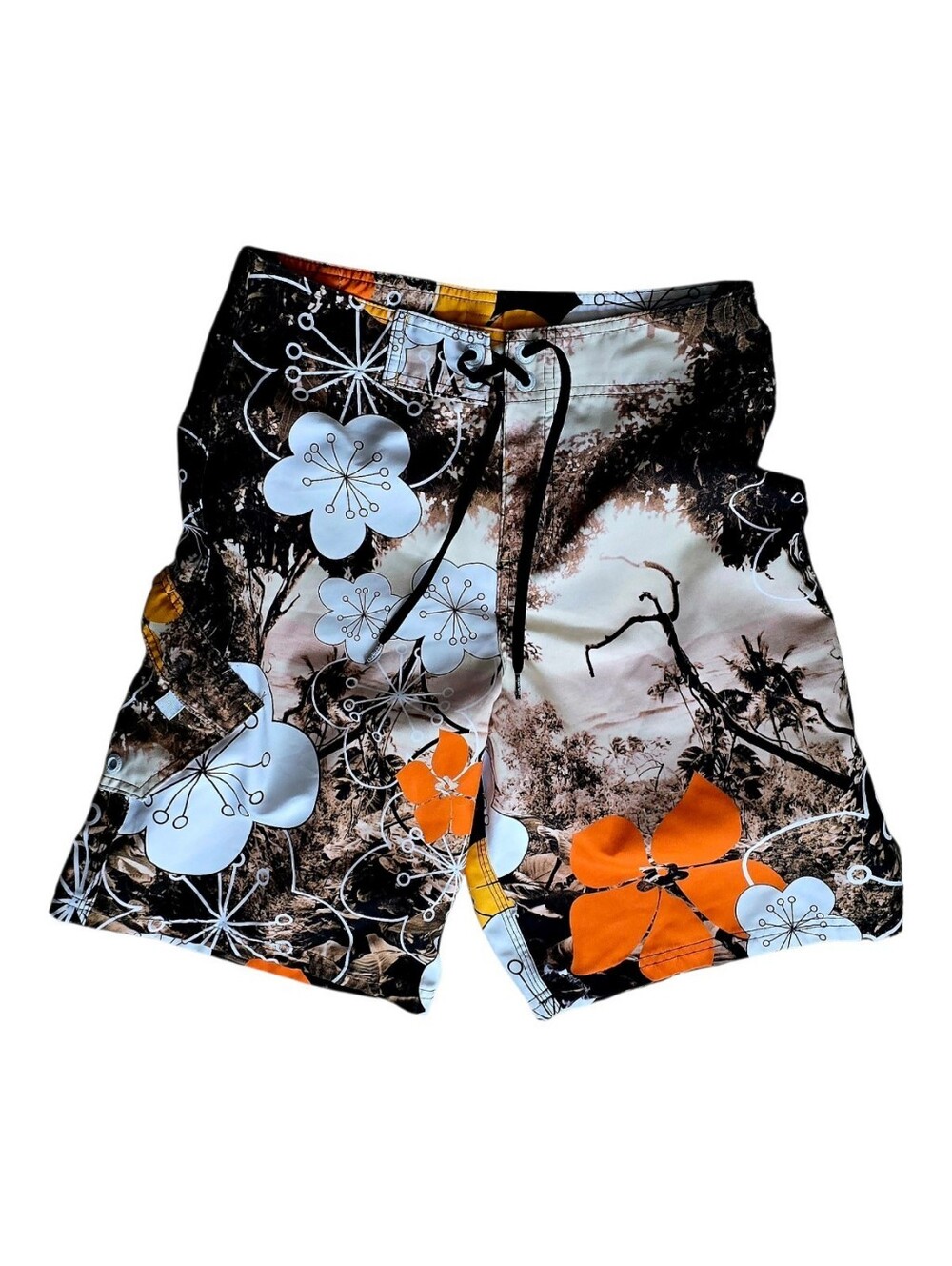 Men's Aaron Chang Floral Boardshorts Swim Trunks - Black, White, Orange